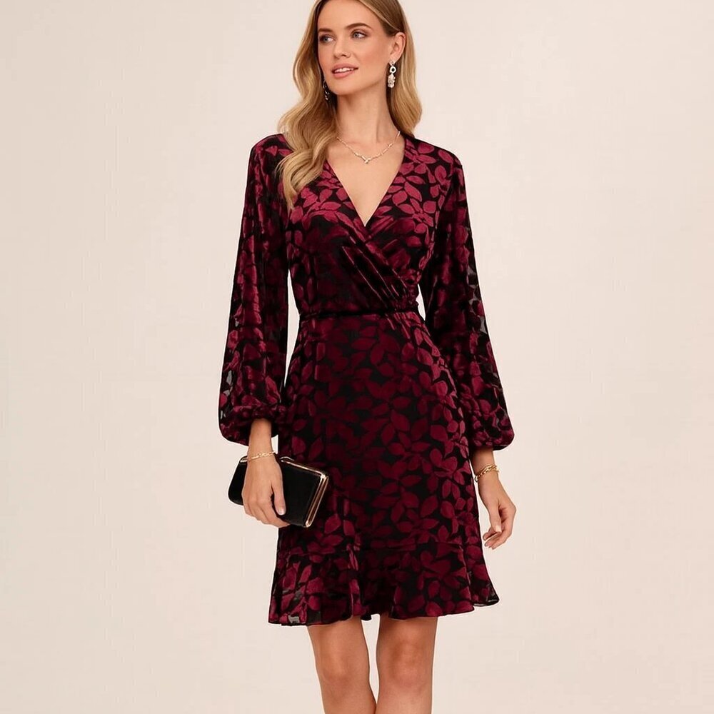 NWT$149 Adrianna Papell Velvet Burnout Faux Wrap Fall Leaves Dress Burgundy Sz10